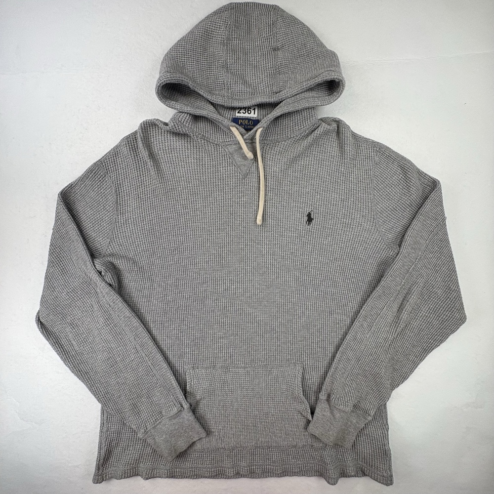 Polo Ralph Lauren Hoodie Mens XL Gray Waffle Knit Thermal Kangaroo Pocket Logo